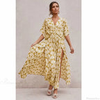 Pink Floral Maxi Dress Sexy Deep V-neck Side Split Boho Dress