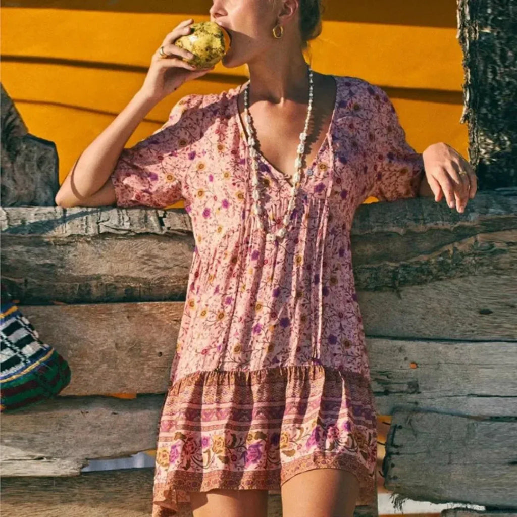 Pink Floral Print Robe A-line Mini Dress Women Beach Boho Summer Dress