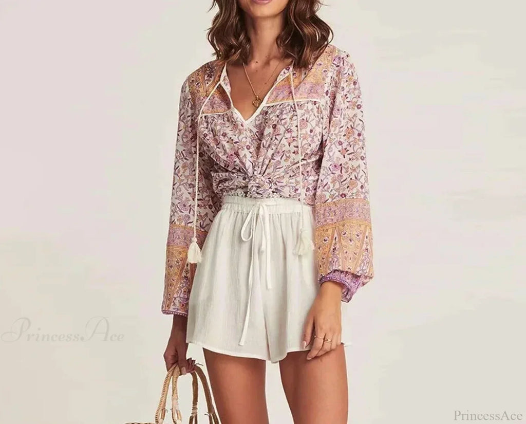 Pink Floral Printed Loose Long Sleeve Boho Blouse