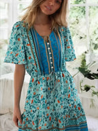 Pink Floral Short Sleeve Loose V-neck Mini Boho Dress