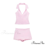 Pink Halter Sleeveless Charming Top And Skort Set
