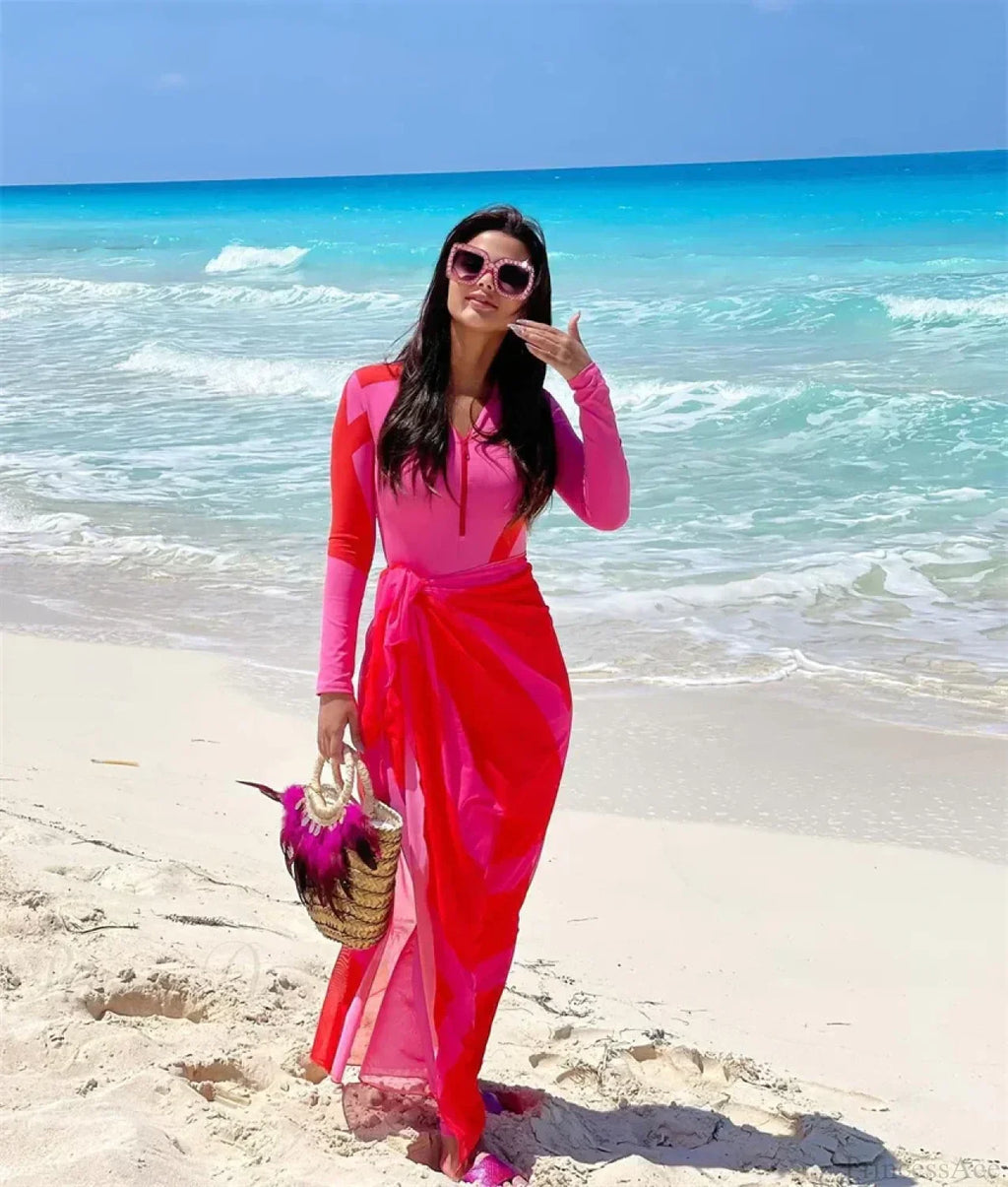 Pink Patchwork Zipper One Piece Swimsuit