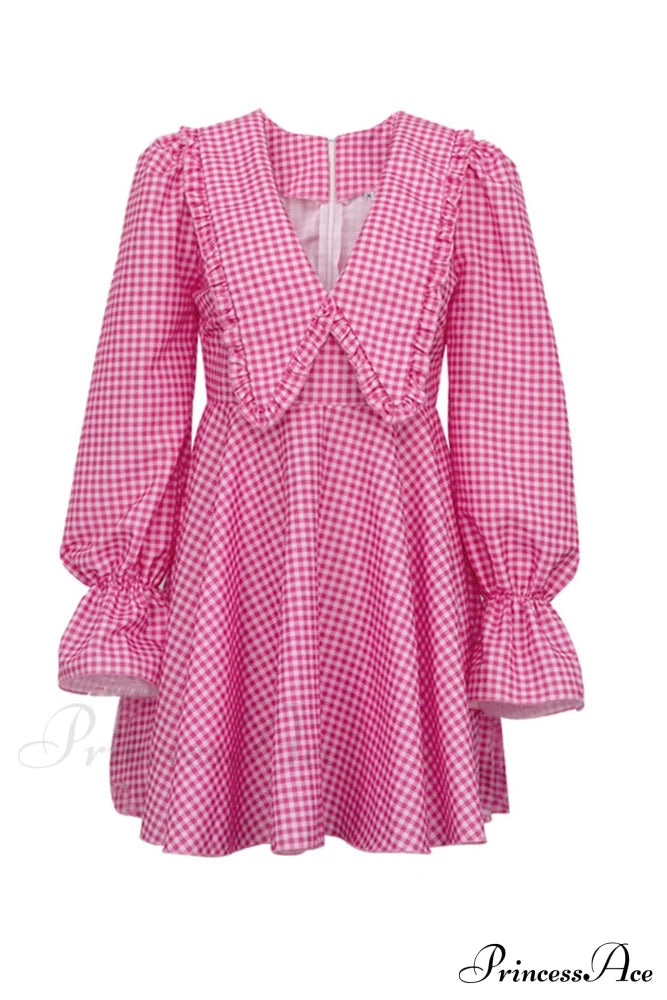 Pink Plaid A-Line Babydoll Dress with Lapel