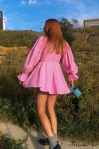 Pink Plaid A-Line Babydoll Dress with Lapel
