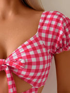 Pink Plaid Tie Front One Piece Swimsuit