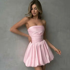 Pink Pleated One-Shoulder Mini Dress