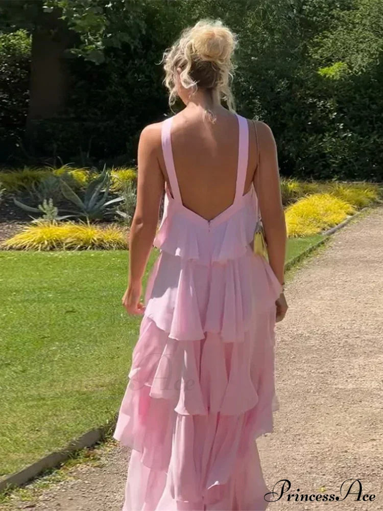 Pink Pleated Stylish Halter Maxi Dress