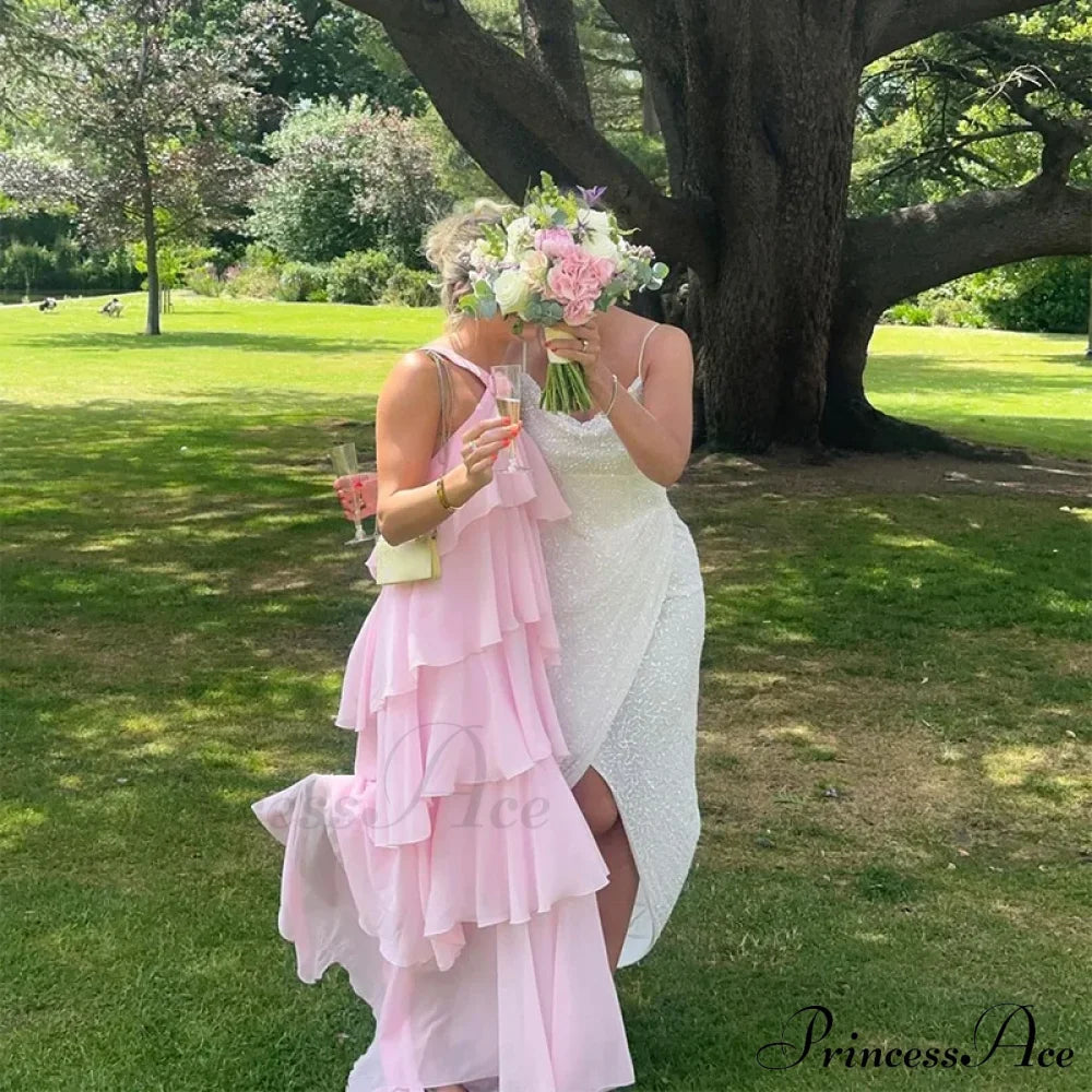 Pink Pleated Stylish Halter Maxi Dress