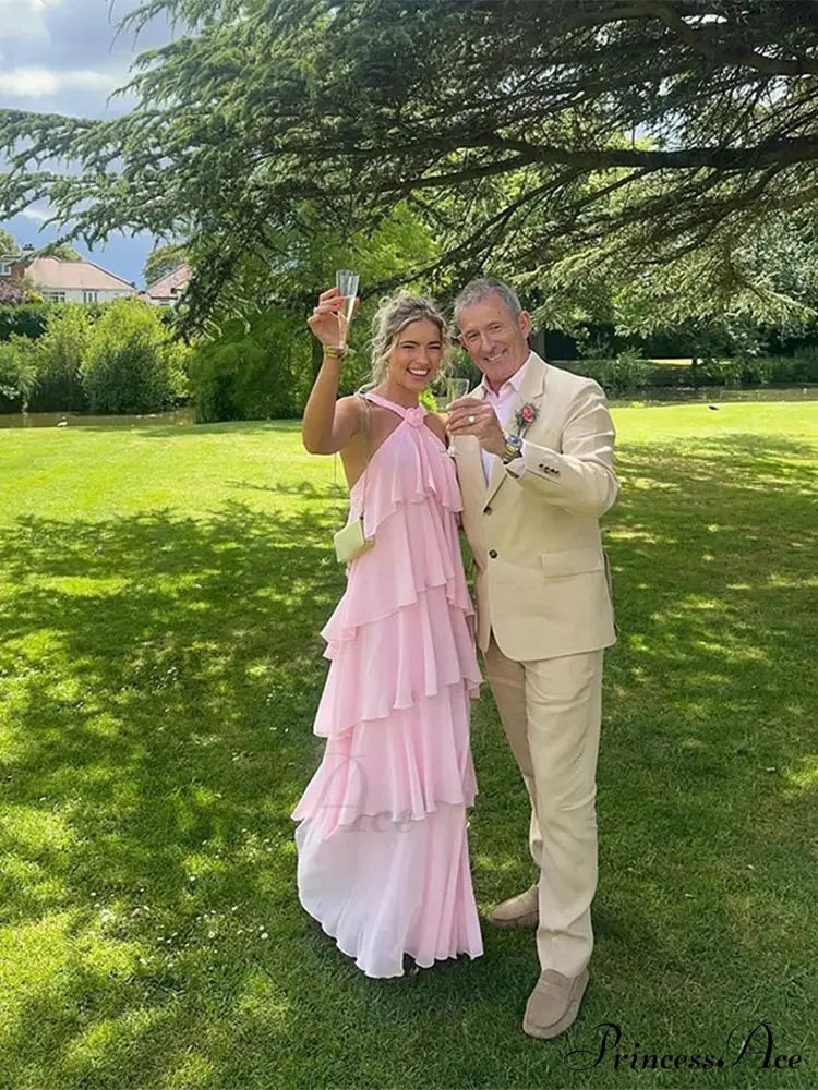 Pink Pleated Stylish Halter Maxi Dress