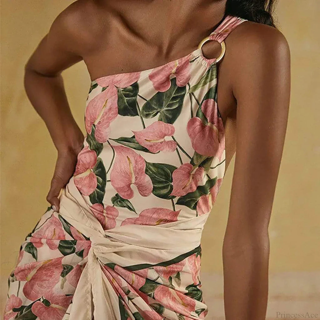 Pink Printed One Shoulder Tie One Piece Swimsuit