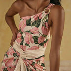 Pink Printed One Shoulder Tie One Piece Swimsuit