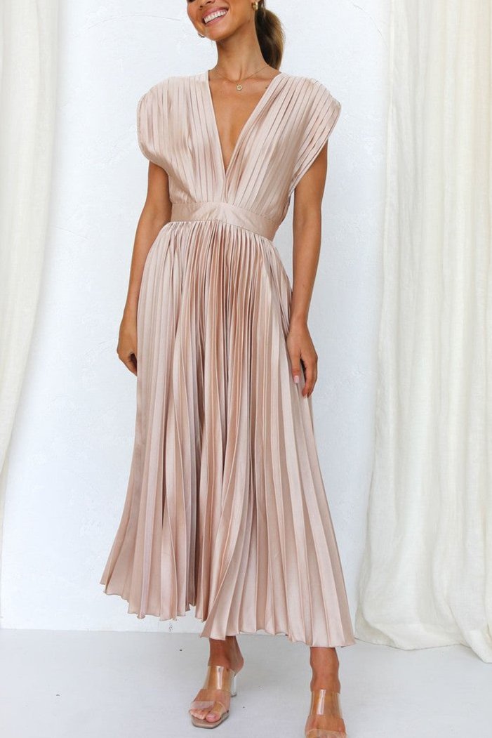 Cristina Effortless Dress Pleated V Neck Midi Chic Silhouette Collection