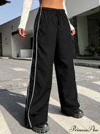 Piping Drawstring Waist Wide Leg Pants