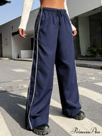 Piping Drawstring Waist Wide Leg Pants