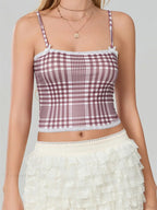 Plaid Bow Lace Trim Square Neck Crop Top
