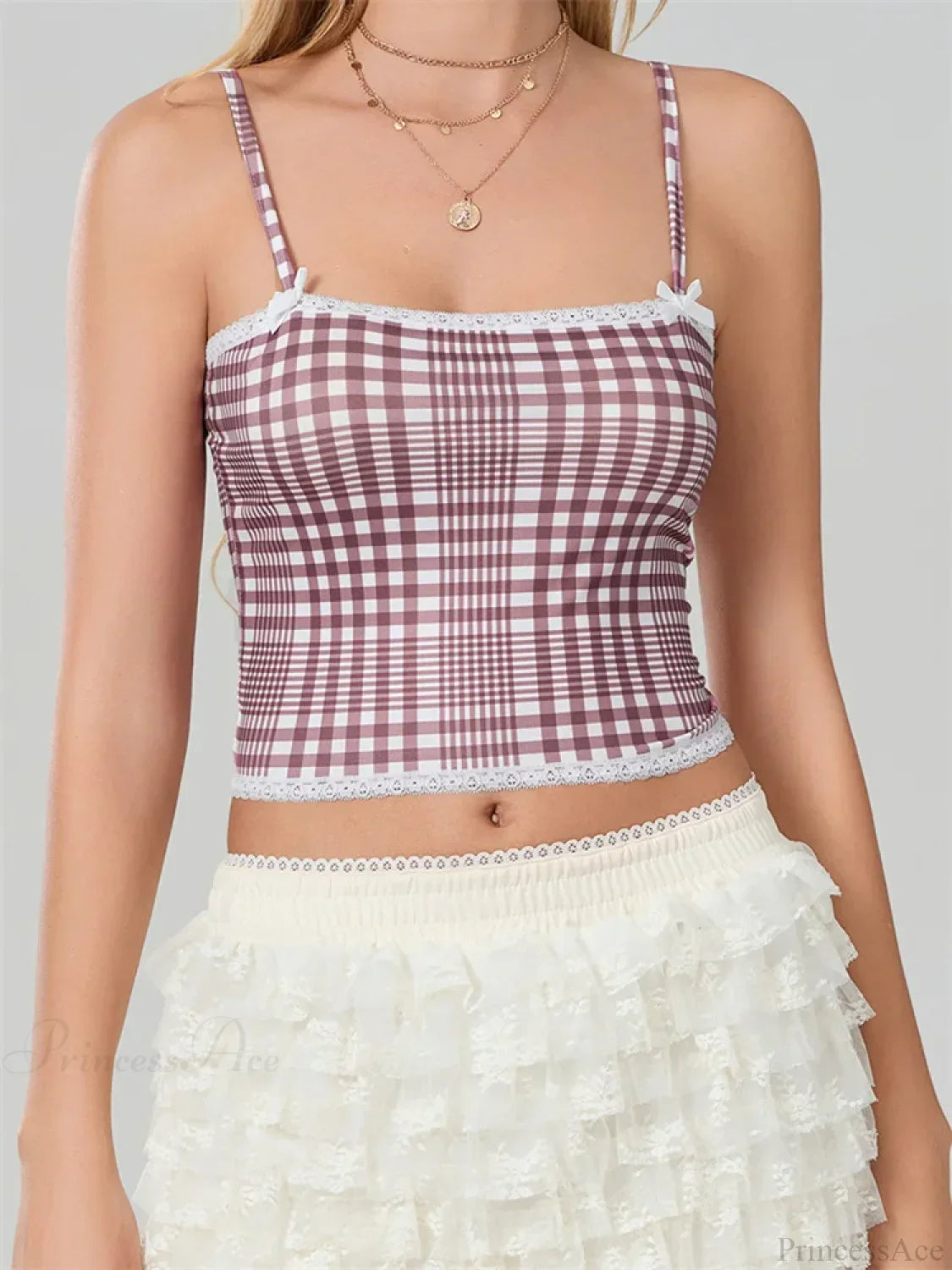 Plaid Bow Lace Trim Square Neck Crop Top