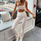 Plaid Bow Print Crop Tank High Waist Slim Leggings Two Pieces Set