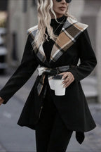 Plaid Color Block Tie Waist Wool Blend Coat