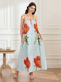 Plaid Flower Sleeveless Tank Floral Dress