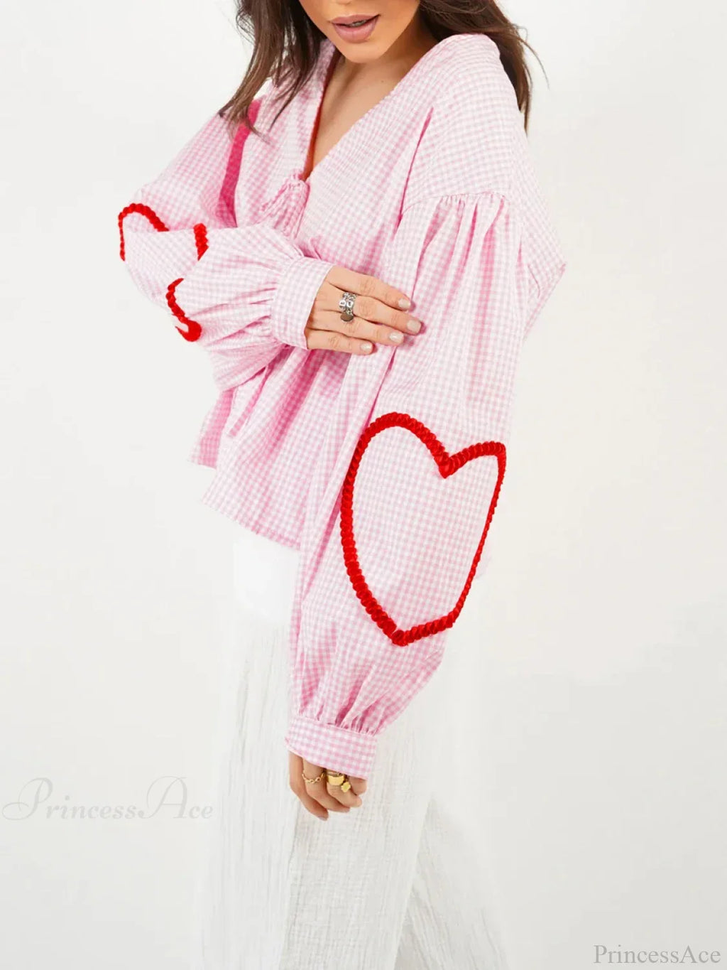 Plaid Heart Trim Tie-Up Blouse