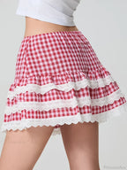 Plaid Layered Lace Zip Skirt