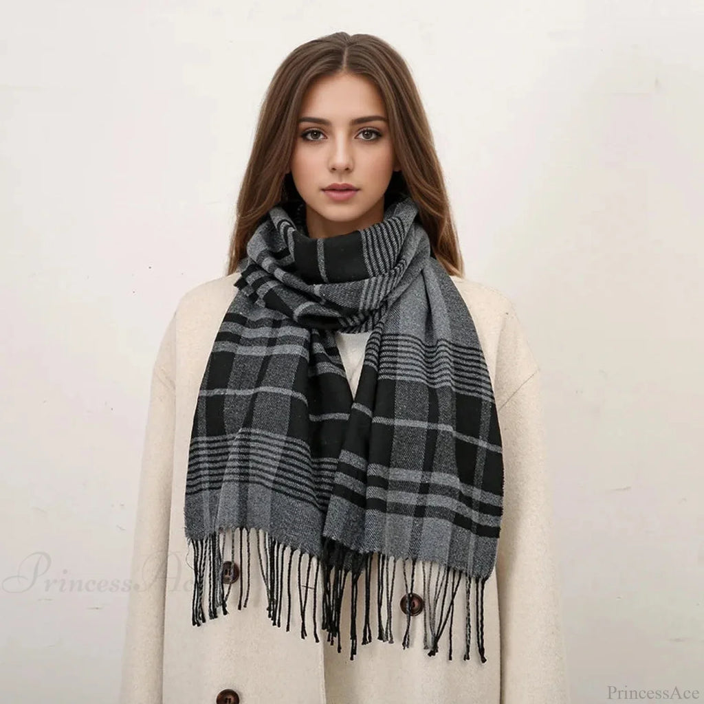 Plaid Print Cashmere Winter Pashmina Scarf with Tassels