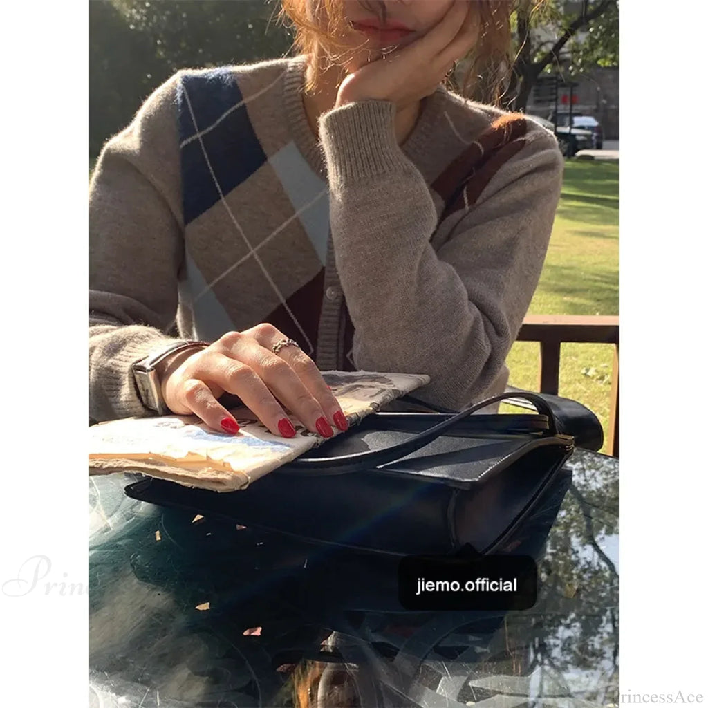 Plaid Round Neck Loose Knit Cardigan