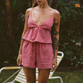 Plaid V Neck Backless Tie-Up Camis Elastic Waist Shorts Two Pieces Set