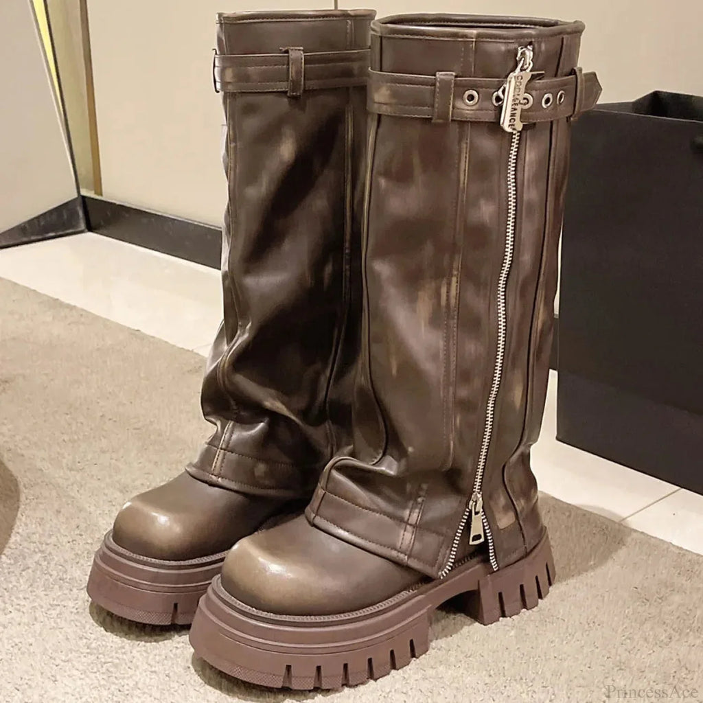 Platform Crease Knee High Gothic Belt Clasp Boot