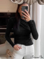 pleated color sleeve long Solid slim fit neck round T-shirt