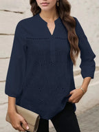 Pleated Lace Insert V-neck 3/4 Sleeve Blouse