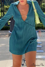 Pleated Lapel Mini Dress with Low Cut