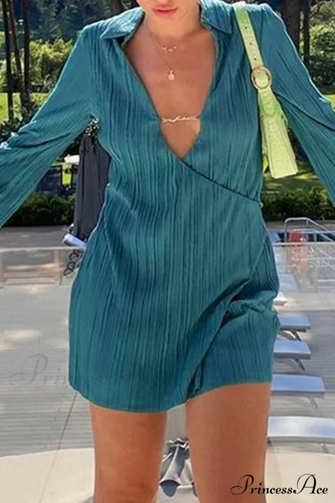 Pleated Lapel Mini Dress with Low Cut