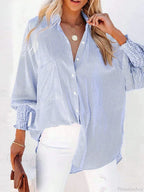 Pleated Lapel Neck Lantern Sleeve Blouse