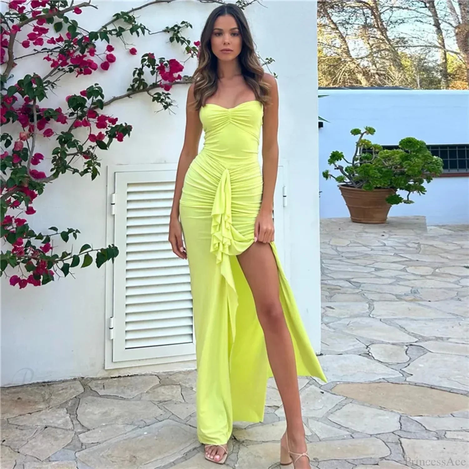 Pleated Strapless Maxi Vacation Dress
