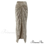 Pleated Velvet High Waist Twist High Split Party Skirt