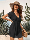 Plunge Neck Elastic Waist Bikini Cover Up