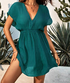 Plunge Neck Elastic Waist Bikini Cover Up