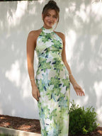 Renata Timeless Printed Halterneck Midi Dress in Backless Satin Statement Occasion Edit