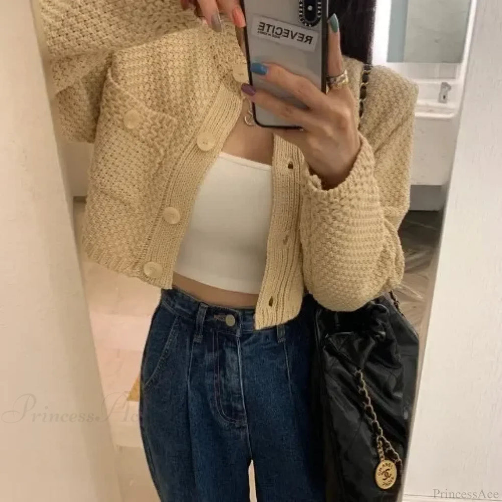 Pocket Cropped Solid O-Neck Knit Cardigan