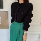 Pocket Cropped Solid O-Neck Knit Cardigan