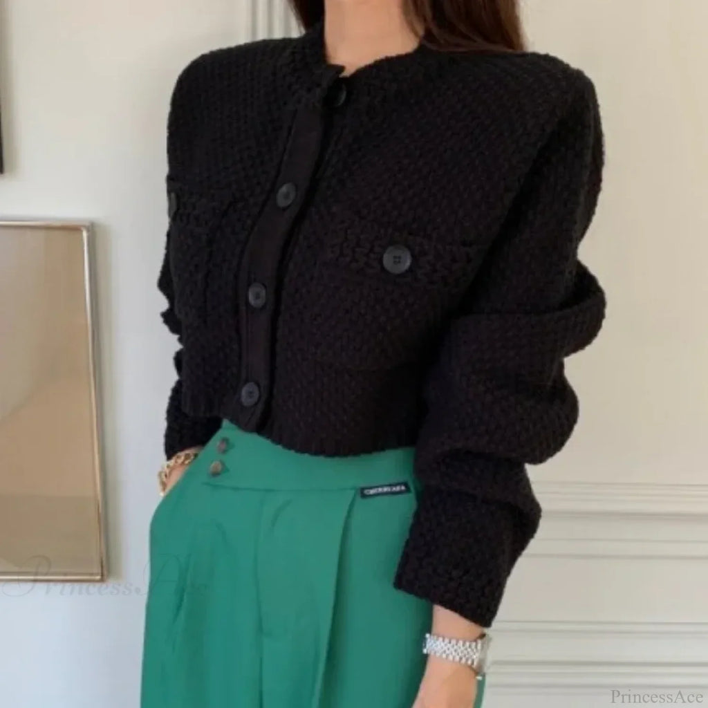 Pocket Cropped Solid O-Neck Knit Cardigan