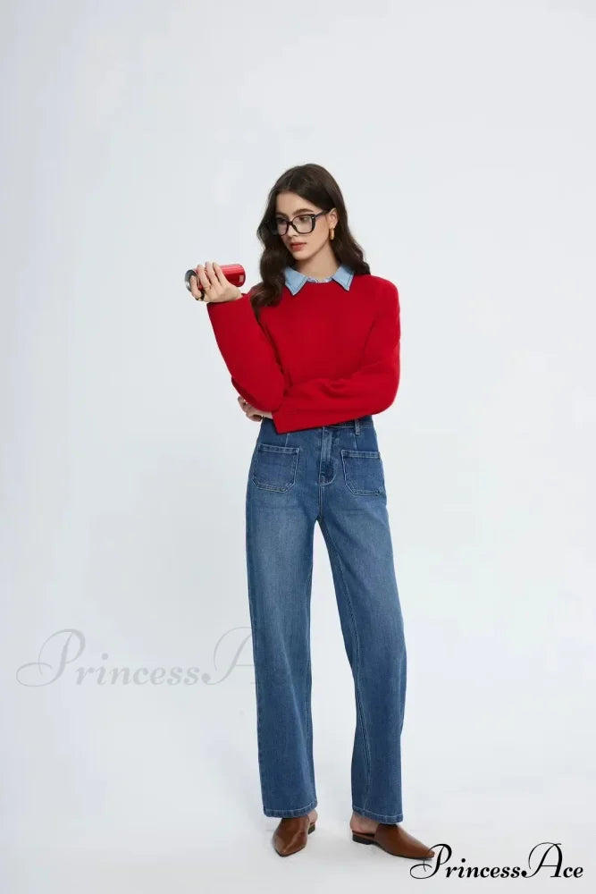 Pockets Women Temperament High Waist Straight Denim Pant Females Vintage Simple Streetwear Washed Chic New Jean