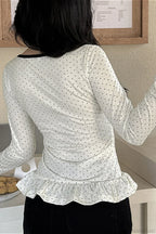 Polka Dot Bow Front Ruffle Fitted Long Sleeve Tee