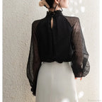 Polka Dot Chiffon Stand Collar Autumn Blouse