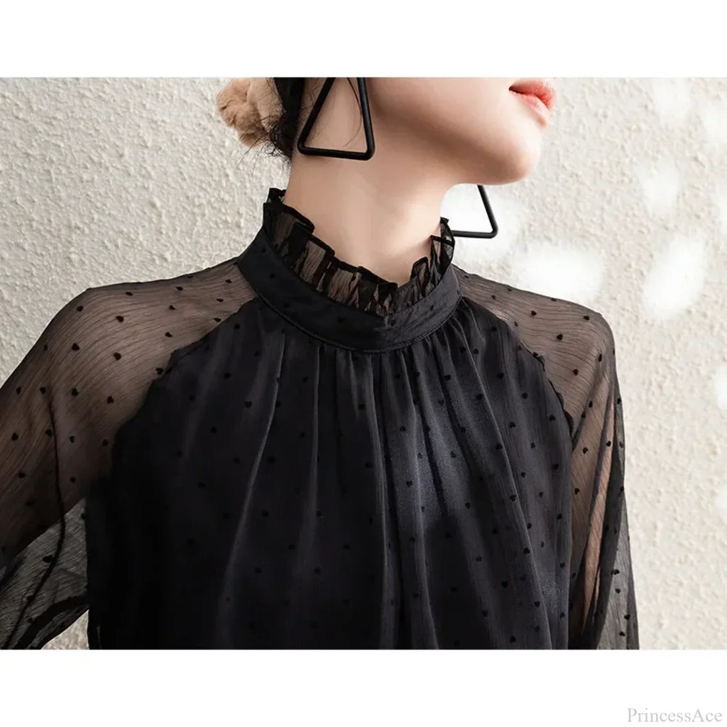 Polka Dot Chiffon Stand Collar Autumn Blouse