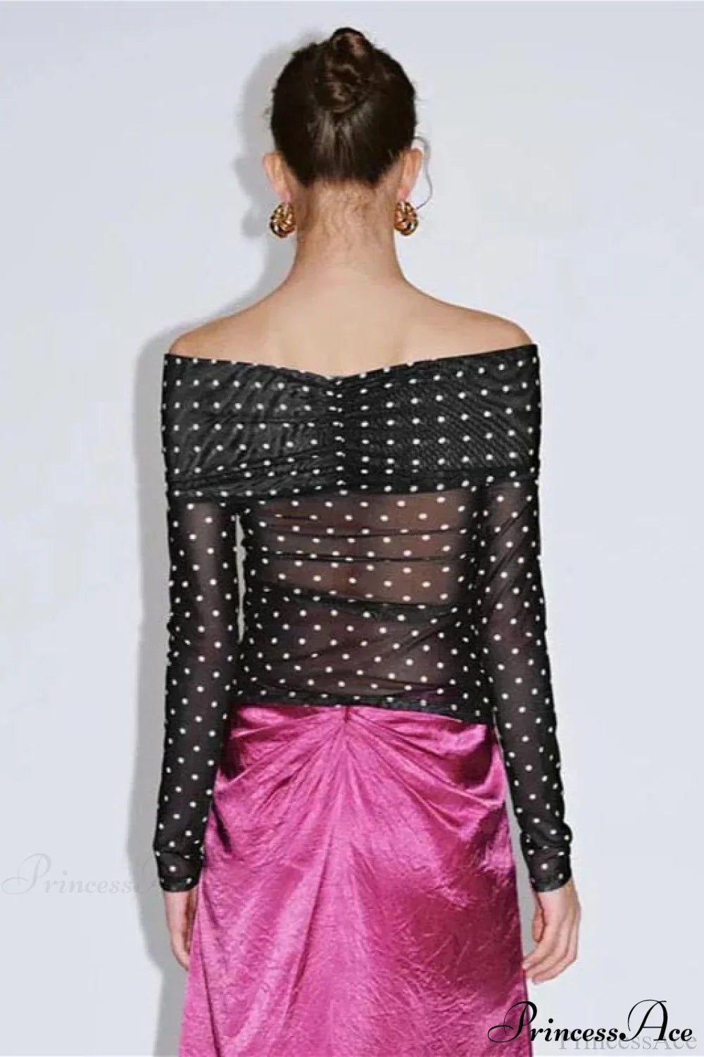 Polka Dot Off Shoulder Ruched Short Long Sleeve Tee