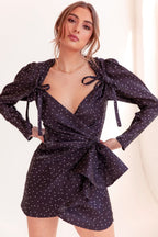 Polka Dot Puff Sleeve Tie Front Ruffle Ruched Mini Dress - Black