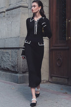 Preppy Chic Contrast Collar Button Up Long Sleeve Ribbed Knit Sweater Midi Dress - Black