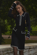 Preppy Chic Contrast Collar Button Up Long Sleeve Ribbed Knit Sweater Mini Dress - Black